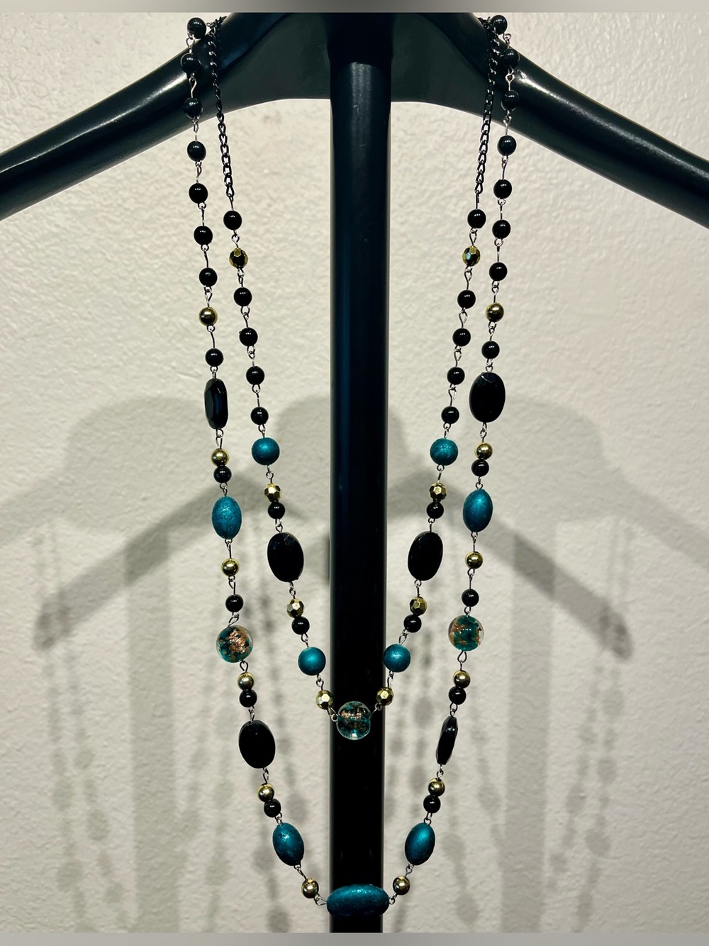 Vintage Long Black and Teal Bead Multi-Strand Necklace